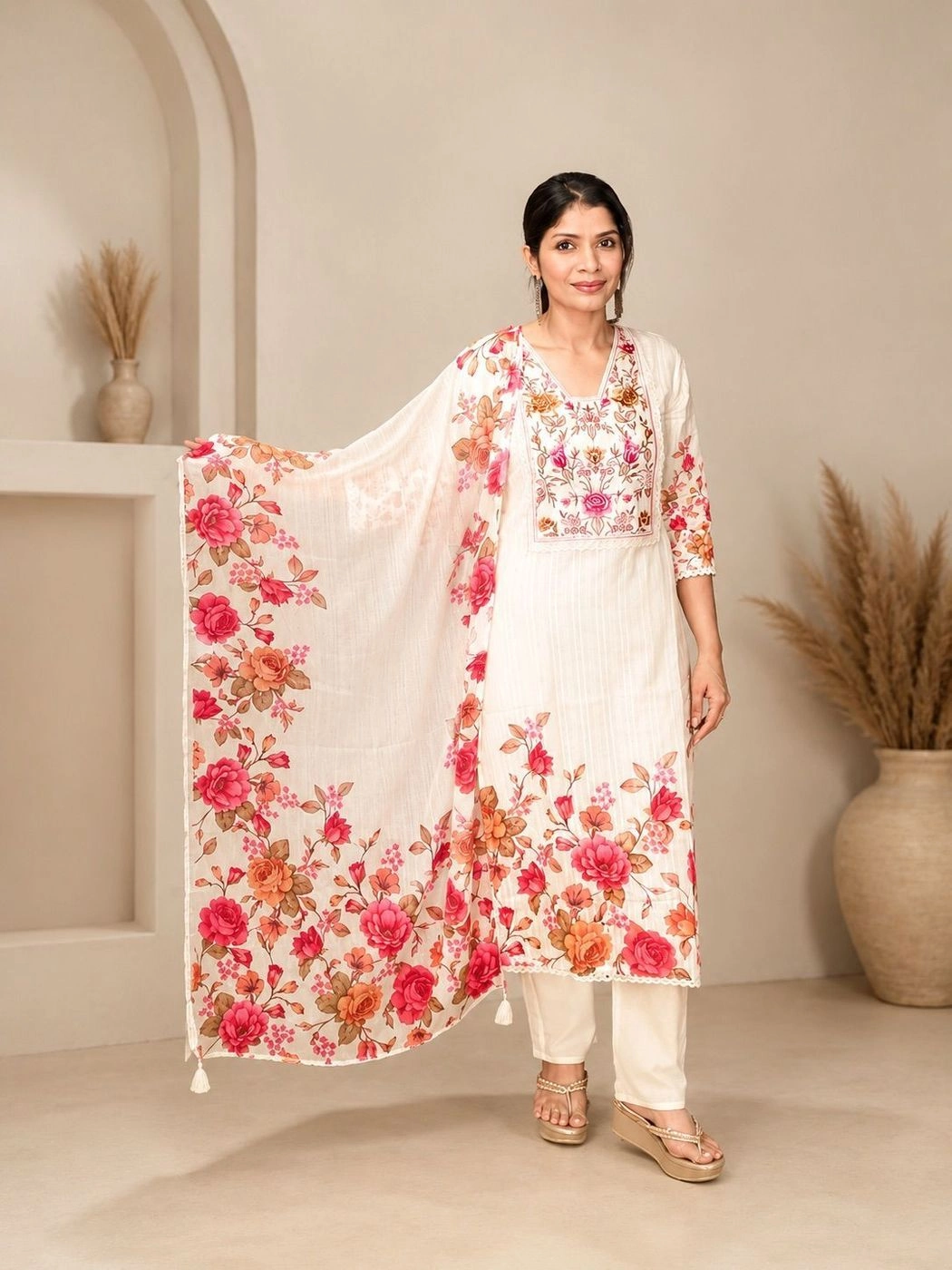 Cream Floral Embroidered 3-Piece Suit Set with Printed Dupatta