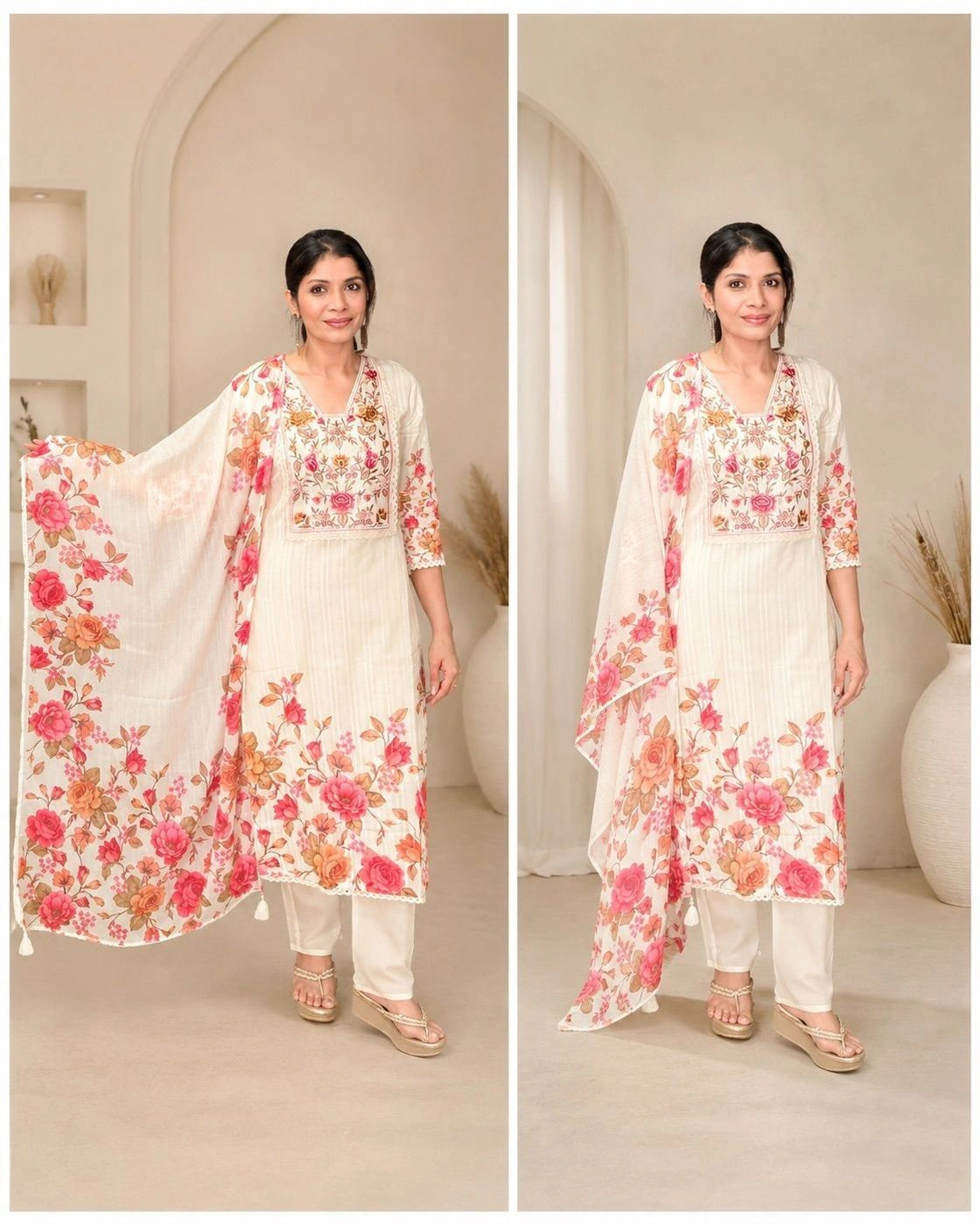 Cream Floral Embroidered 3-Piece Suit Set with Printed Dupatta