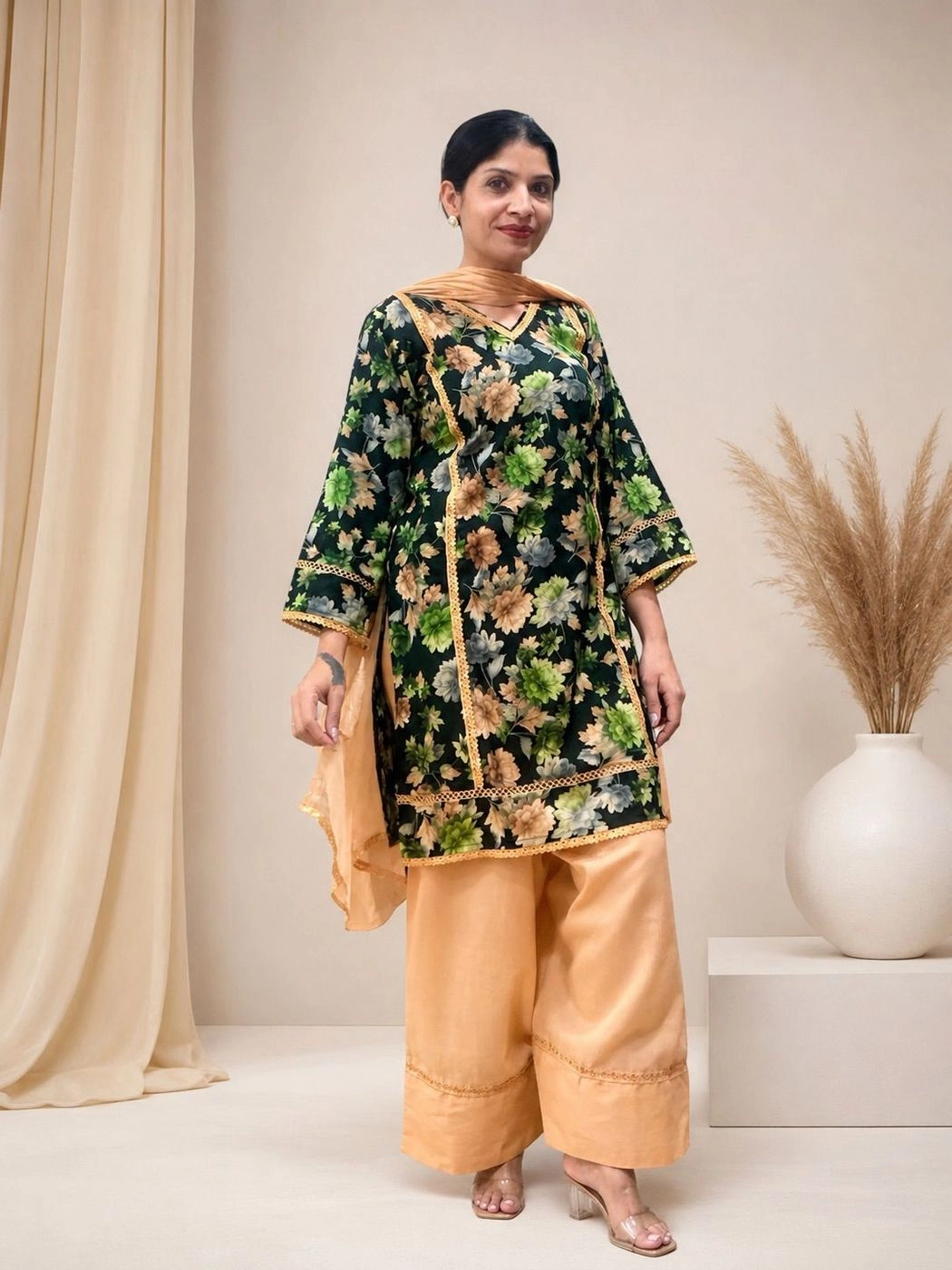 Floral printed Farshi suit set black &peach