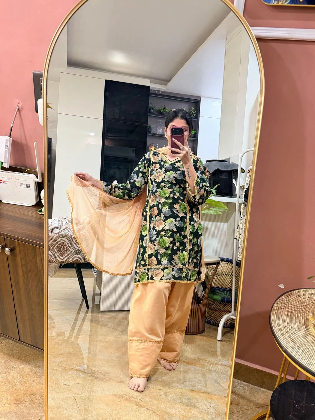 Floral printed Farshi suit set black &peach 3