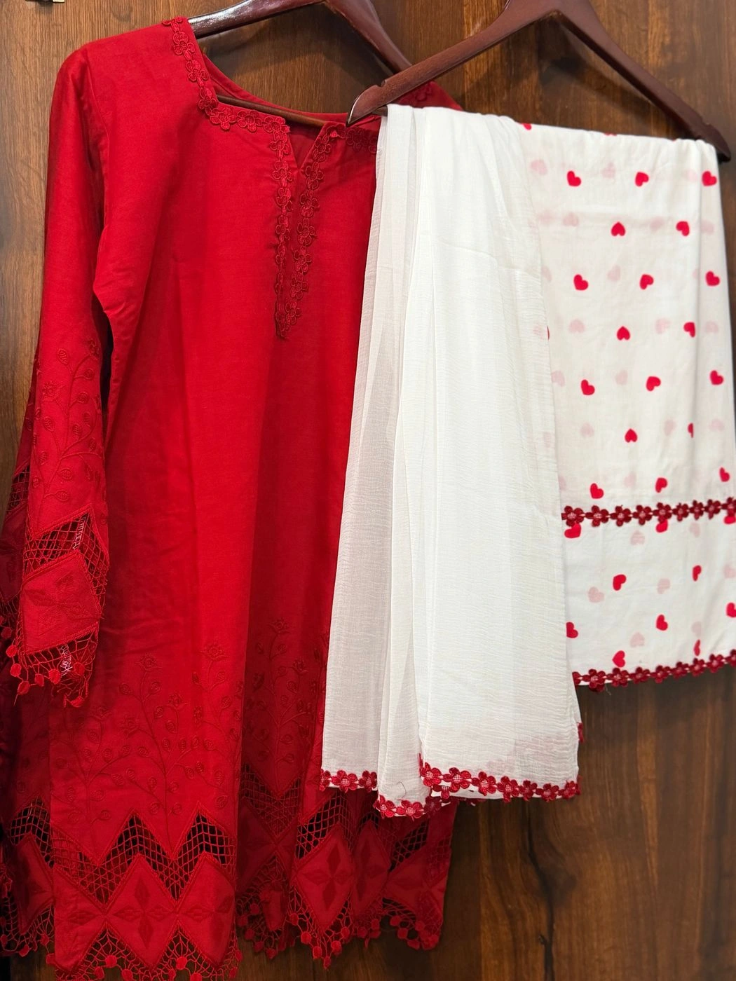 Ruby Red Embroidered Cotton Suit Set with Printed Dupatta