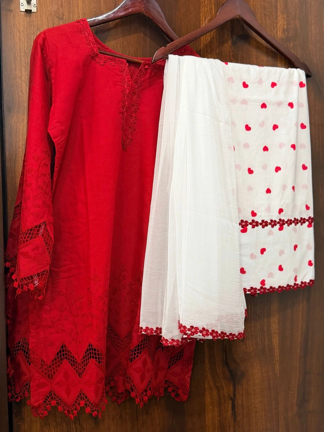 Ruby Red Embroidered Cotton Suit Set with Printed Dupatta