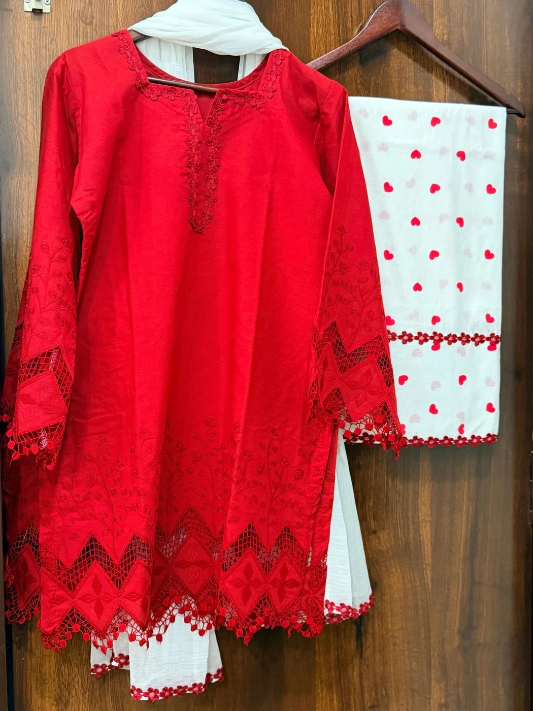 Ruby Red Embroidered Cotton Suit Set with Printed Dupatta 3