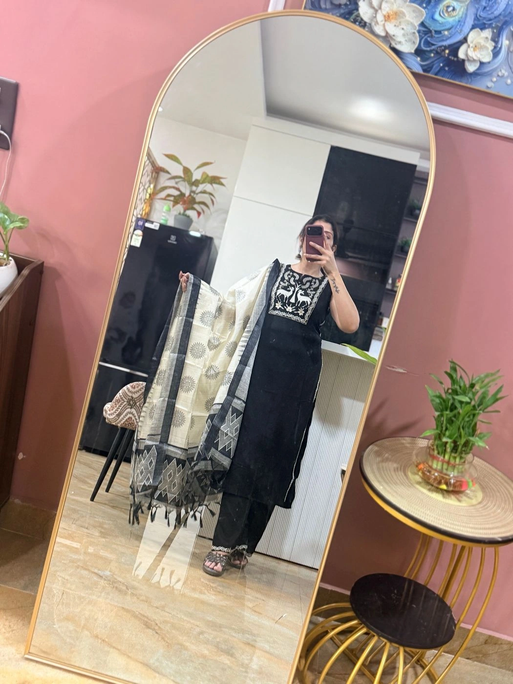 Black Embroidered Kurta Set with Woven Dupatta 2