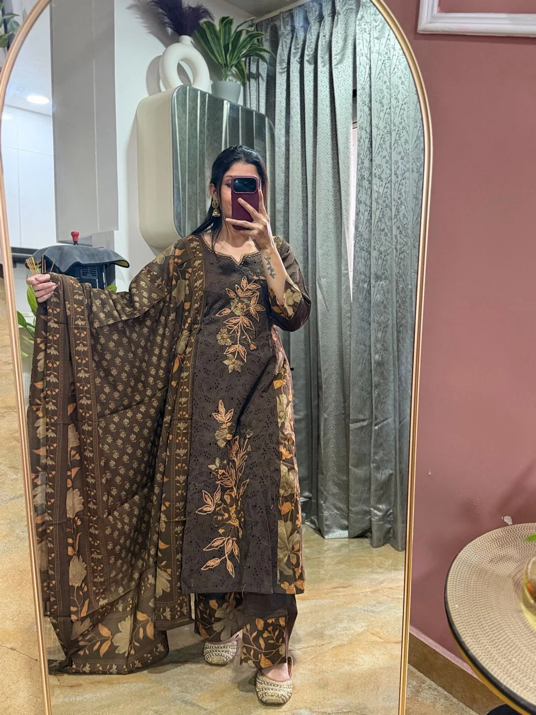 Brown Floral Printed Cotton Suit Set with Dupatta (3 Piece) 1