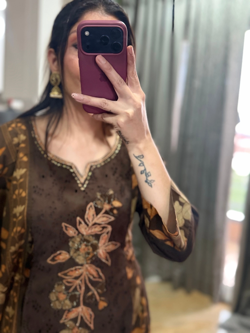 Brown Floral Printed Cotton Suit Set with Dupatta (3 Piece) 2