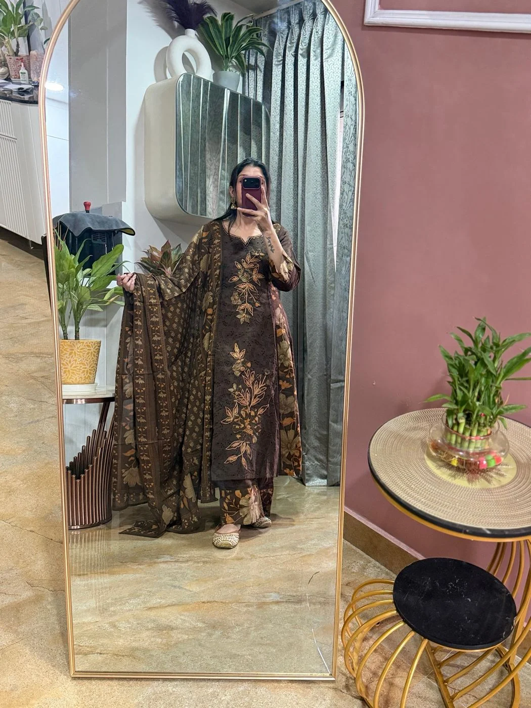 Brown Floral Printed Cotton Suit Set with Dupatta (3 Piece) 3