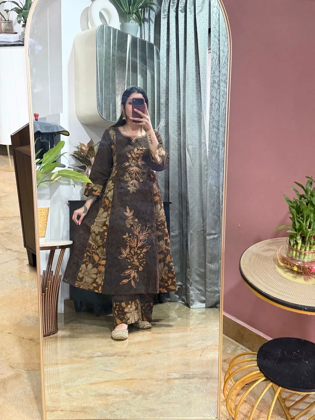 Brown Floral Printed Cotton Suit Set with Dupatta (3 Piece) 4