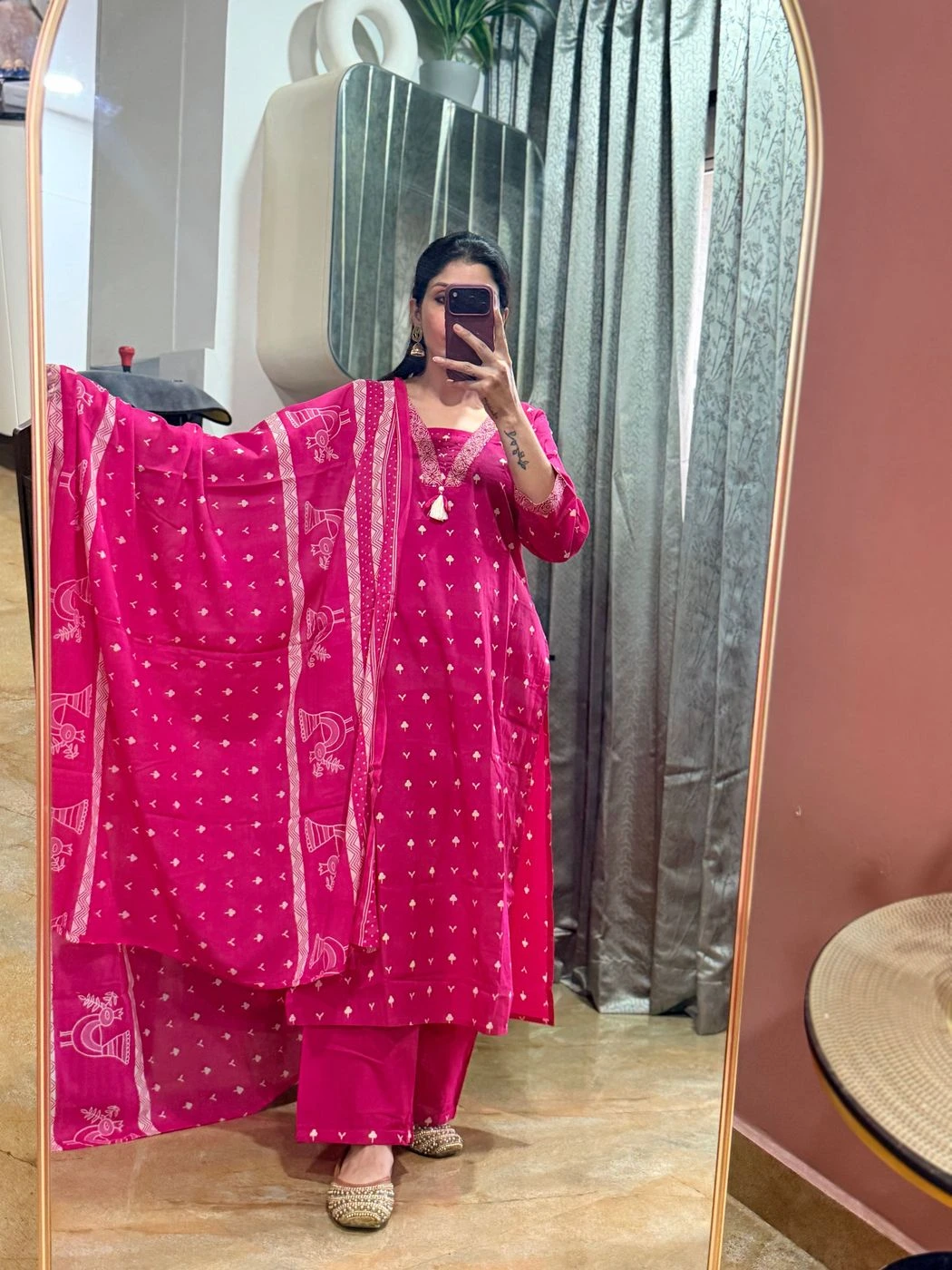Premium Pink Printed Cotton Kurta Set with Dupatta (3-Piece) 1