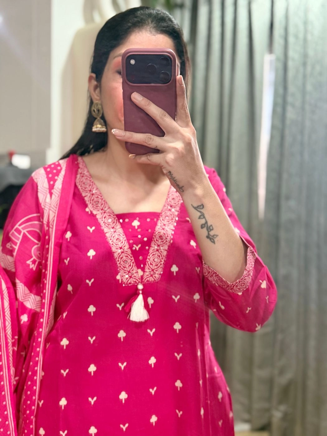 Premium Pink Printed Cotton Kurta Set with Dupatta (3-Piece) 2