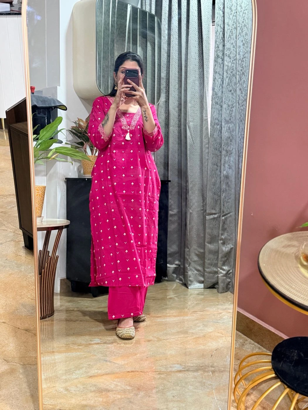 Premium Pink Printed Cotton Kurta Set with Dupatta (3-Piece) 3