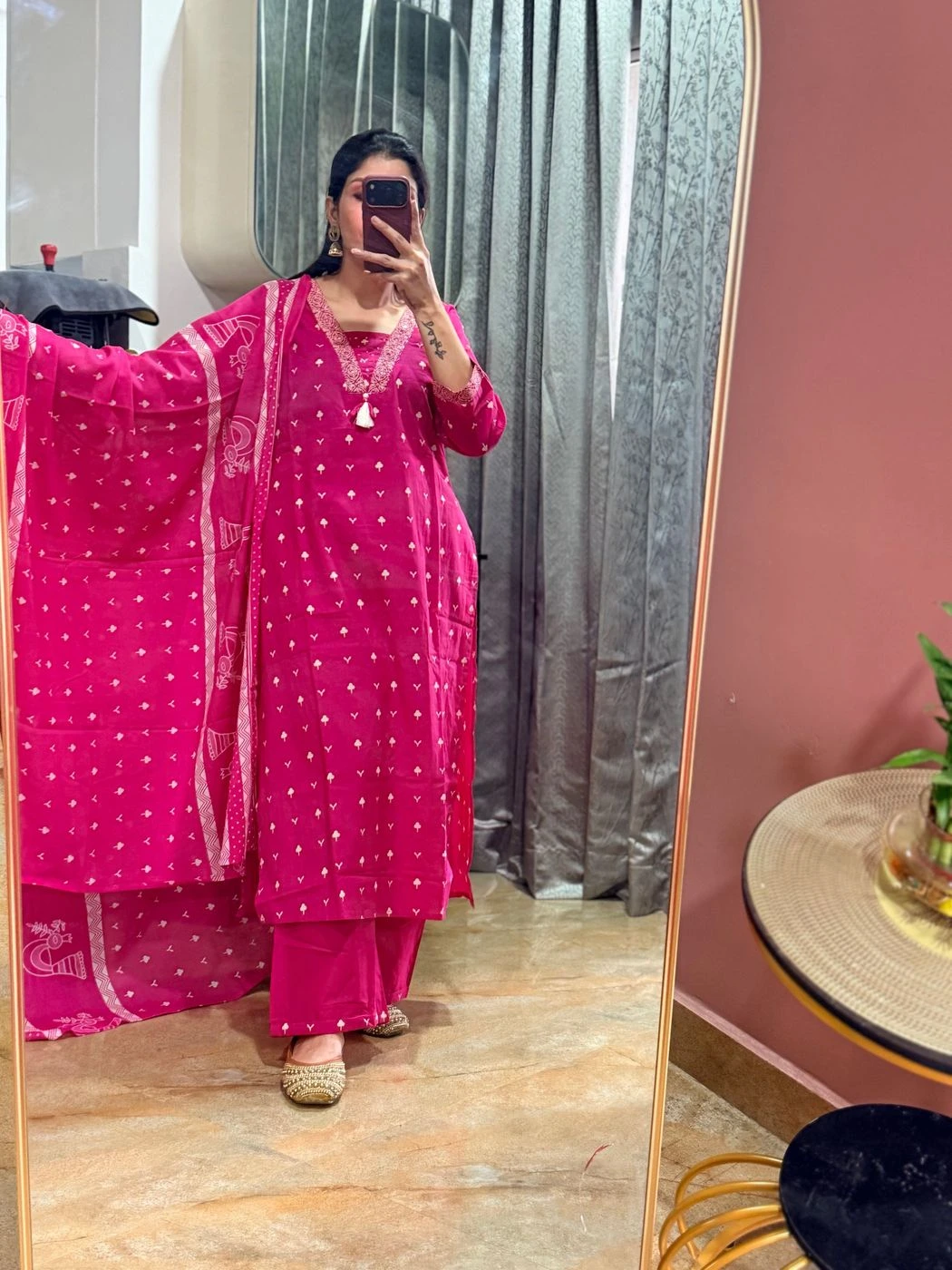 Premium Pink Printed Cotton Kurta Set with Dupatta (3-Piece) 4