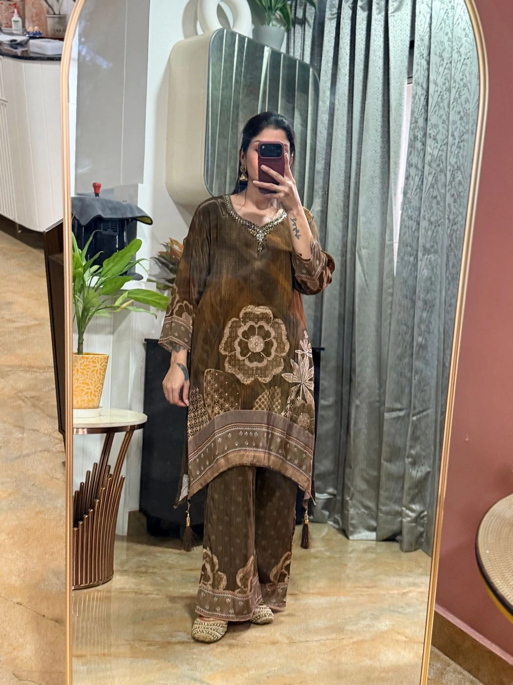 Elegant Brown Printed Kurta Pant Set for Women 4