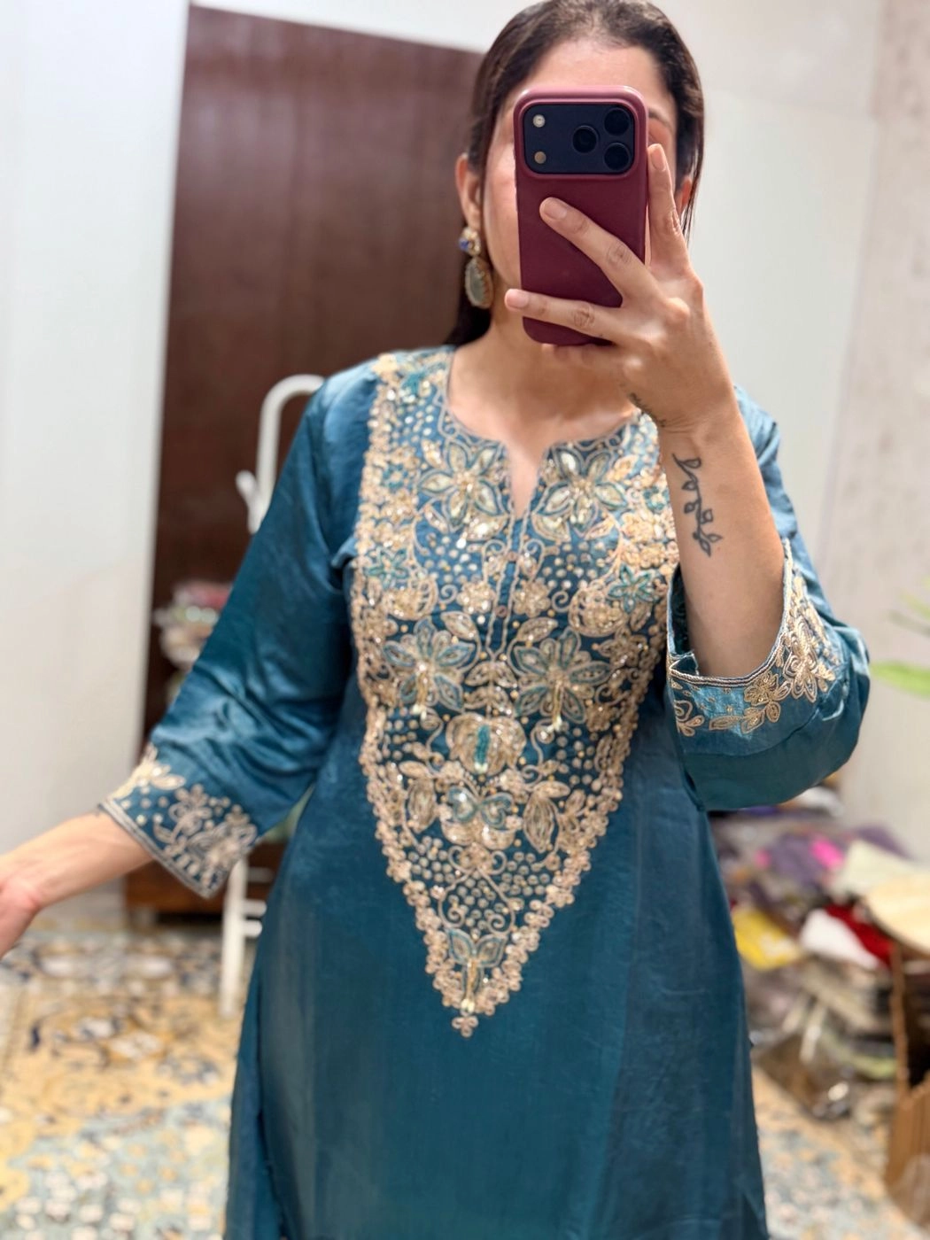 Teal Blue Embroidered Premium Kurta Palazzo Set with Dupatta 1