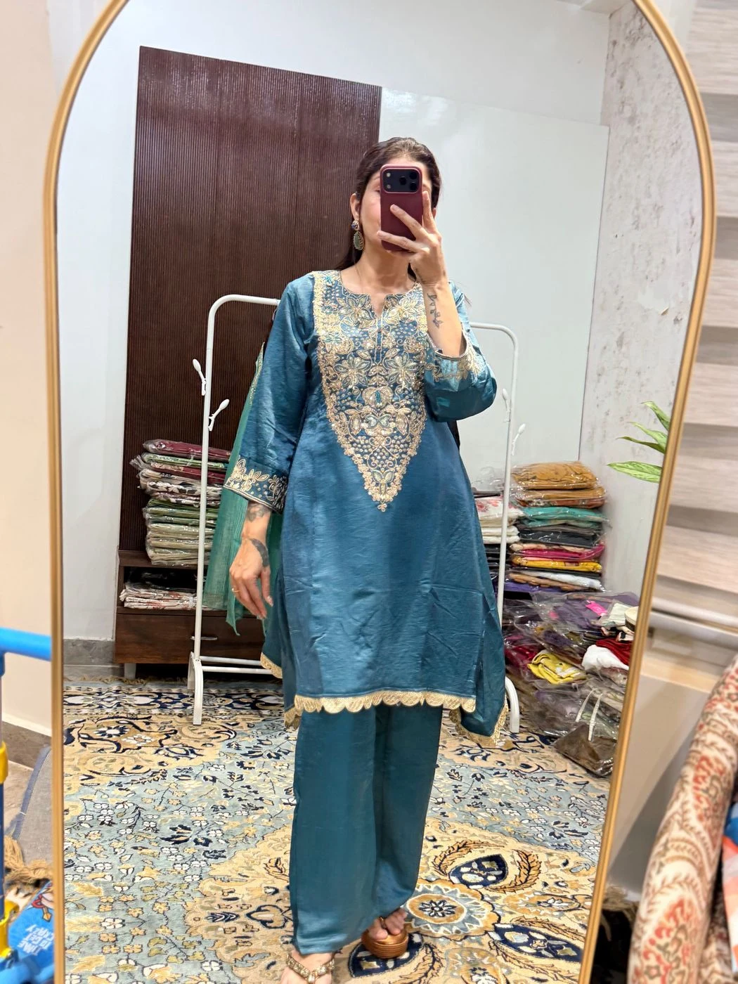 Teal Blue Embroidered Premium Kurta Palazzo Set with Dupatta 2