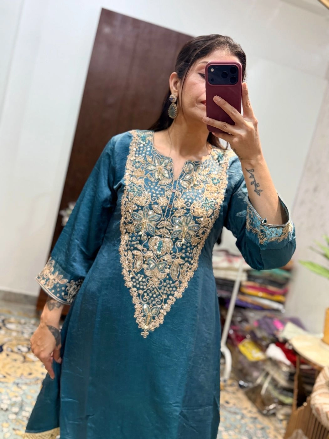 Teal Blue Embroidered Premium Kurta Palazzo Set with Dupatta 3