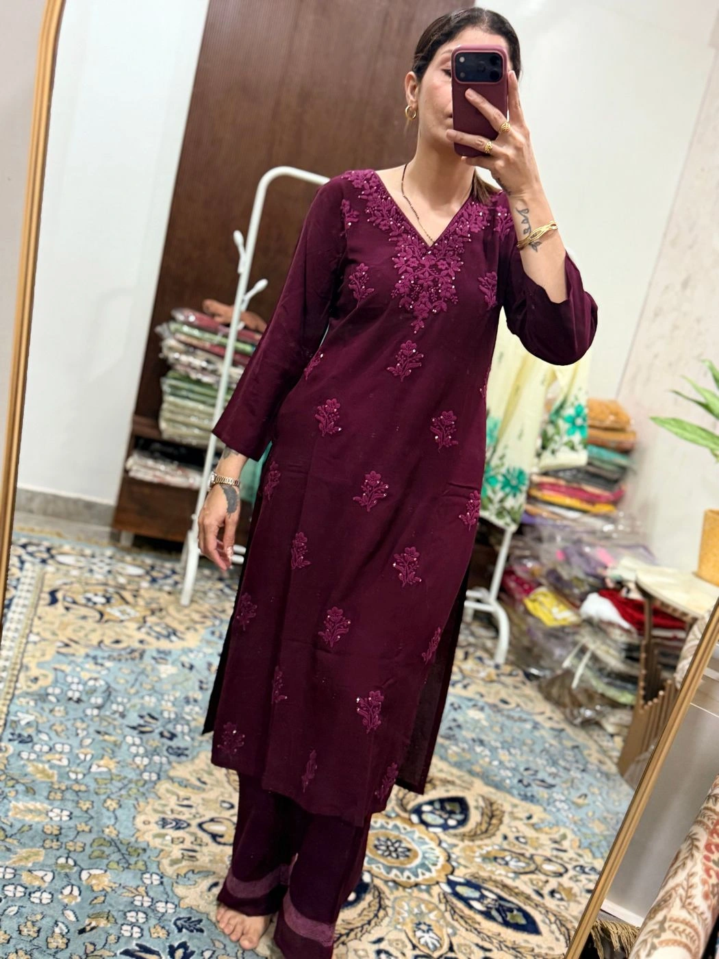 Wine Embroidered Straight Kurta Palazzo Set for Women 1