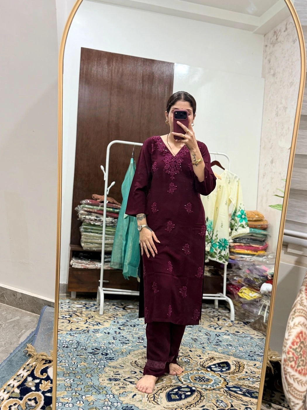 Wine Embroidered Straight Kurta Palazzo Set for Women 2