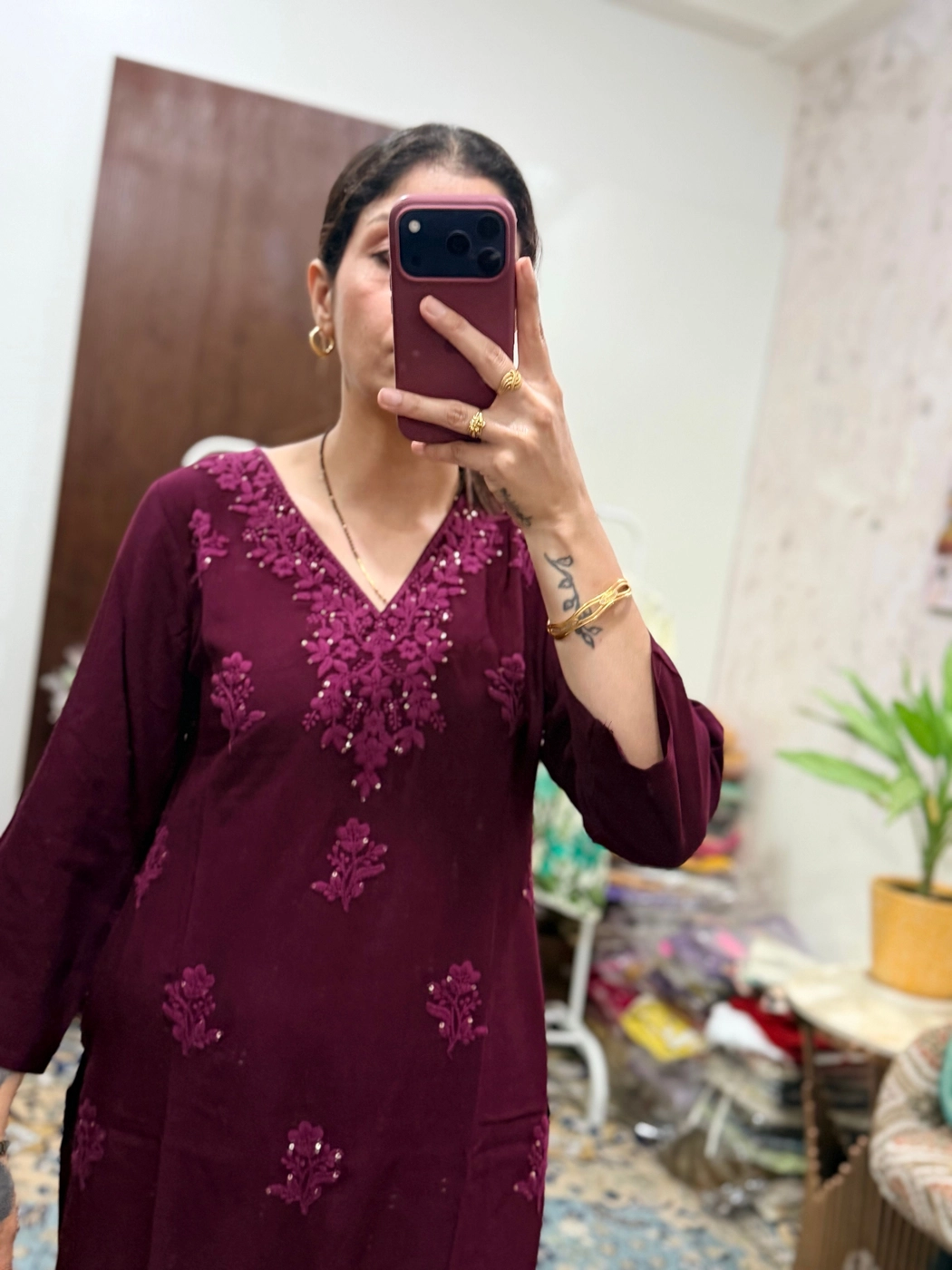 Wine Embroidered Straight Kurta Palazzo Set for Women 3