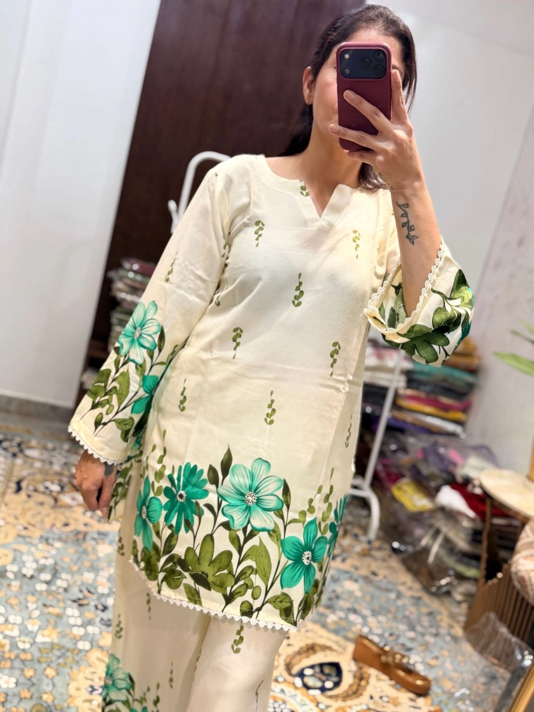 Ivory Floral Cotton Kurta & Palazzo Set 2