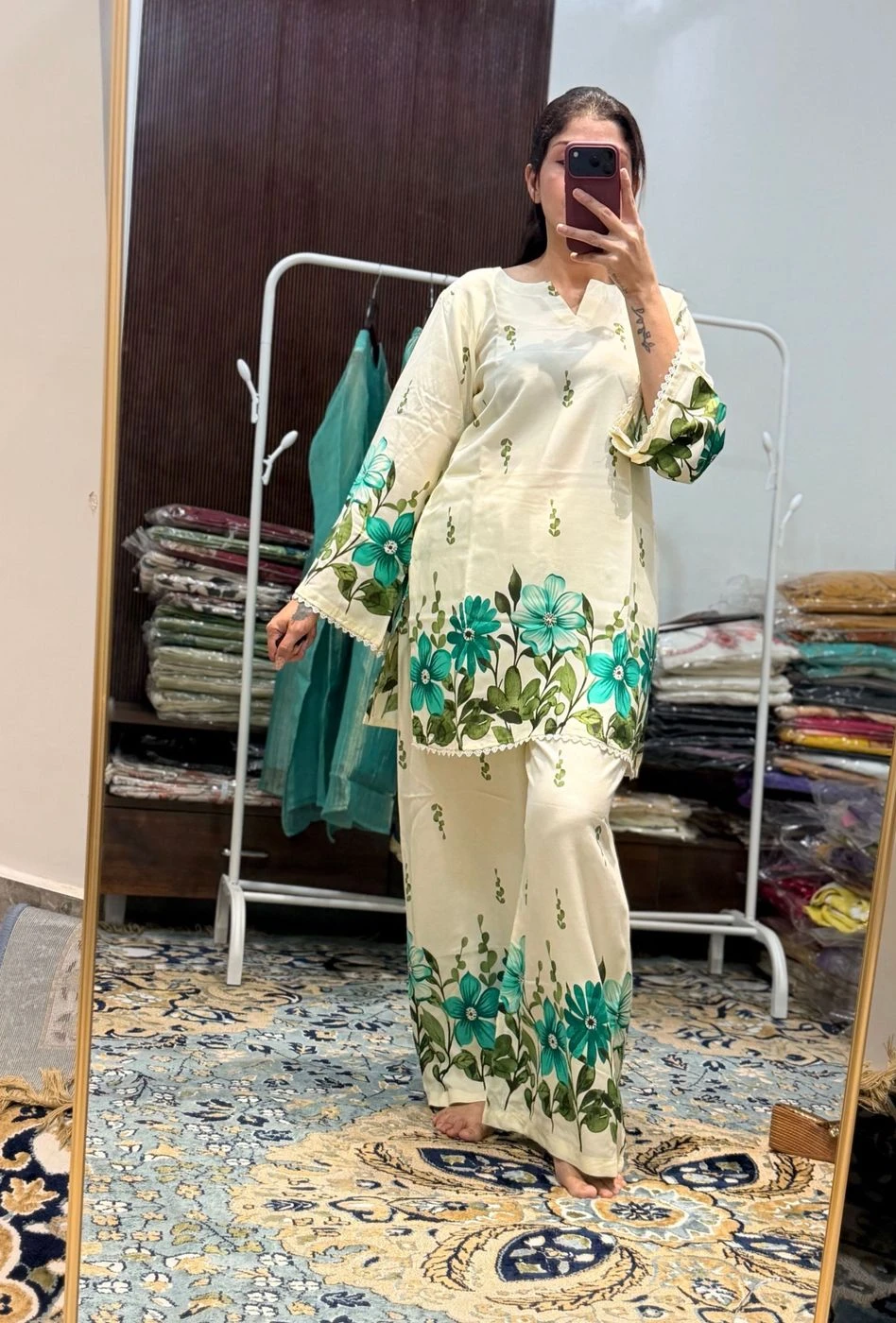 Ivory Floral Cotton Kurta & Palazzo Set 1