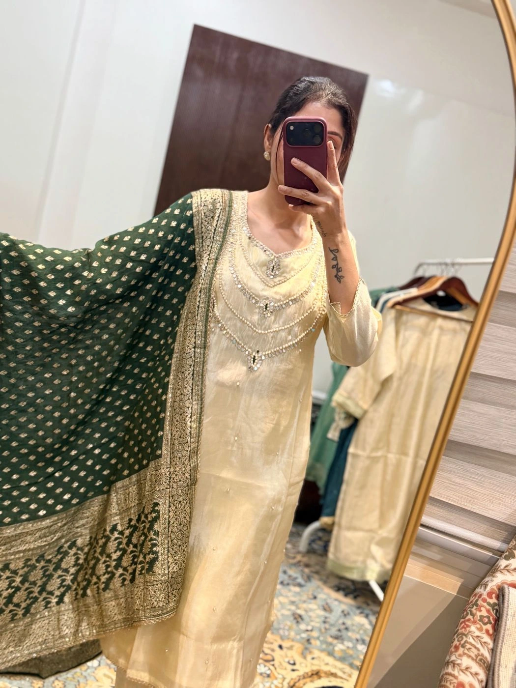 Ivory Kurta Set with Emerald Green Banarasi Dupatta 1
