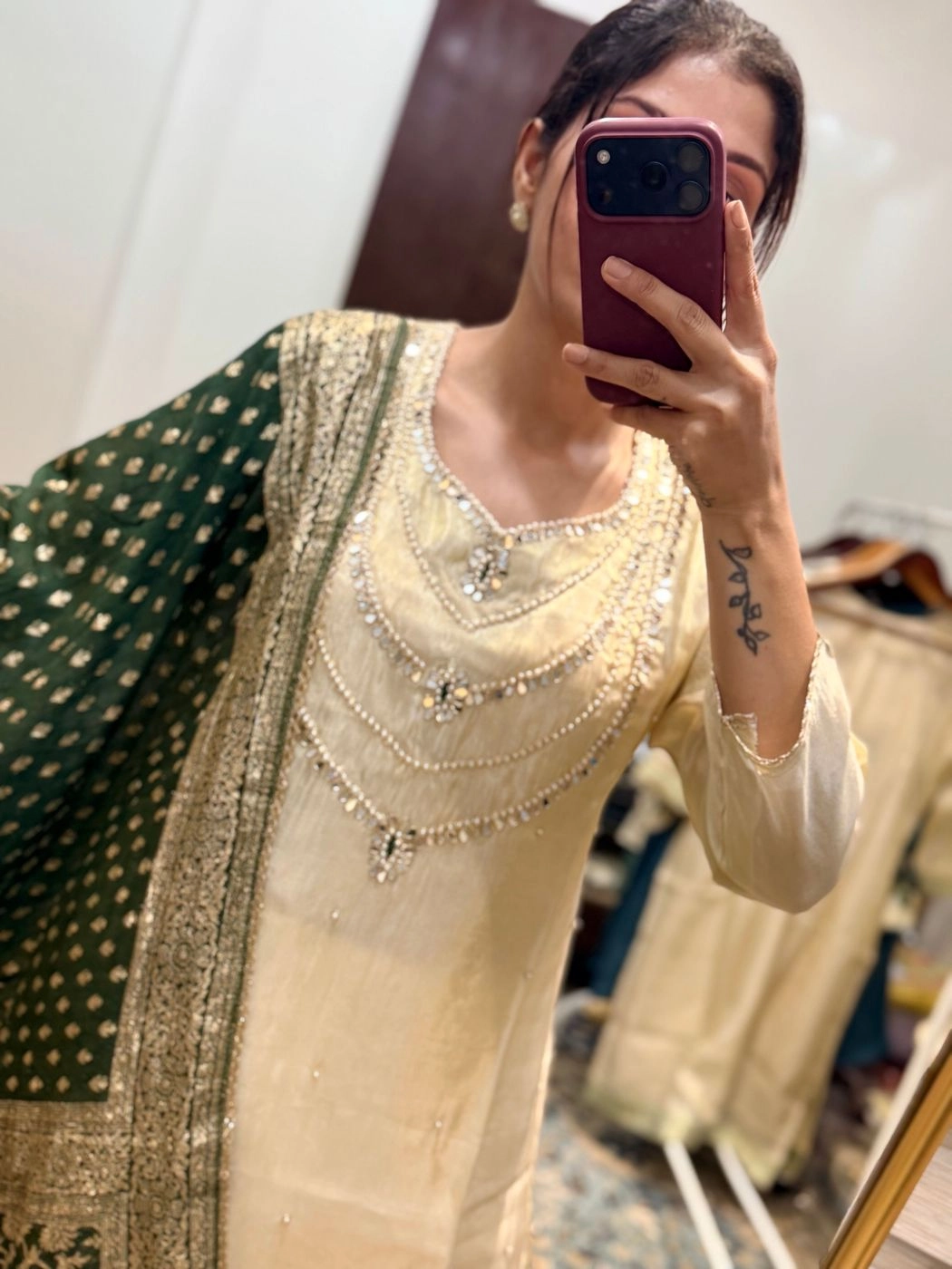 Ivory Kurta Set with Emerald Green Banarasi Dupatta 2