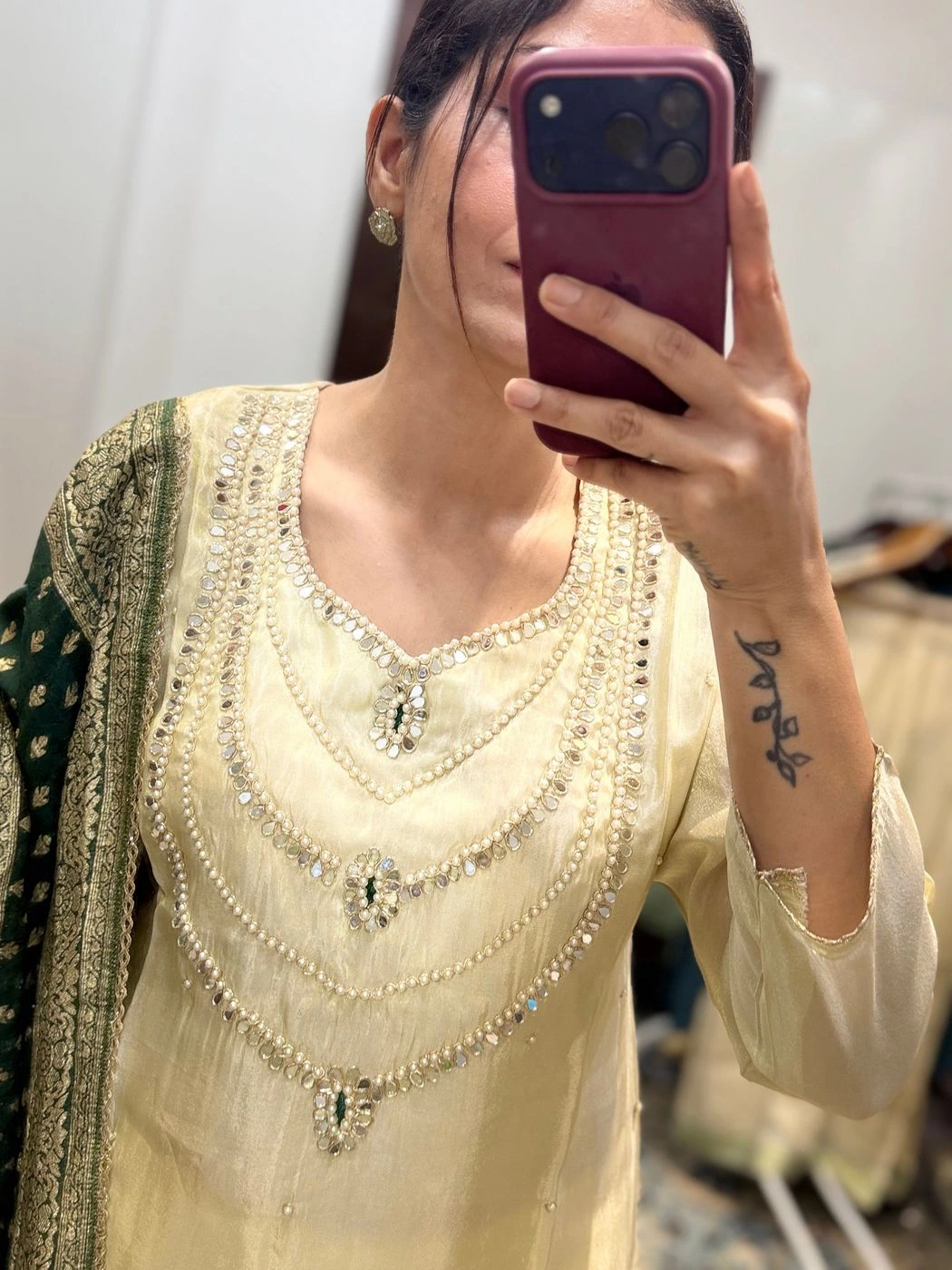 Ivory Kurta Set with Emerald Green Banarasi Dupatta 3