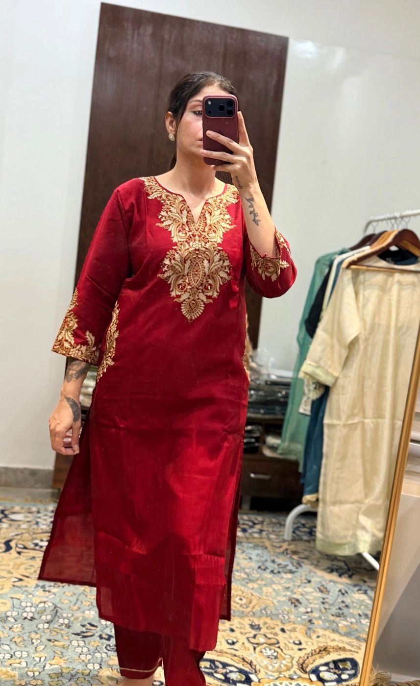 Wine Red Heavy Embroidered Kurta Set for Women 3