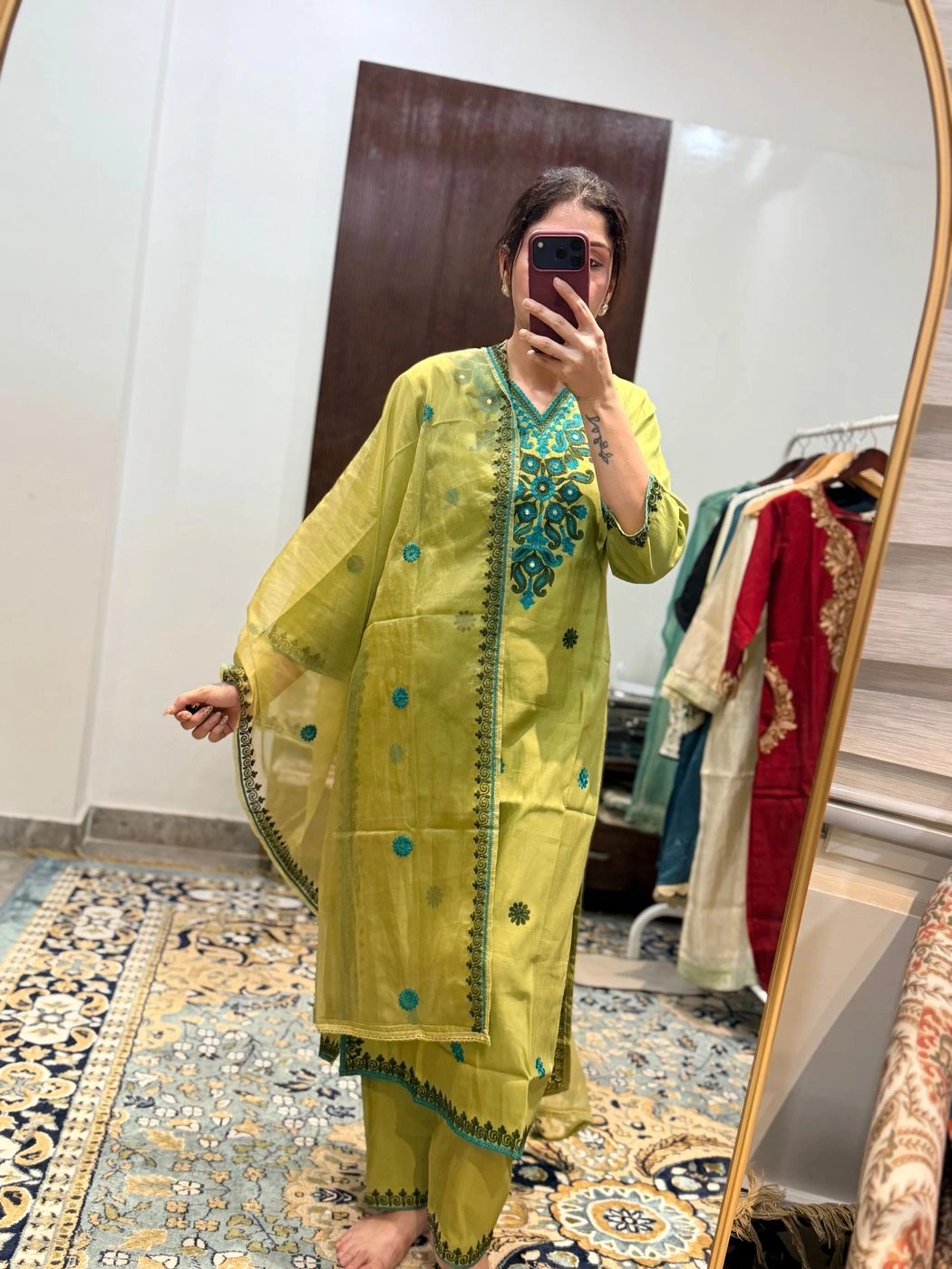 Olive Green Embroidered Cotton Silk Suit Set with Dupatta 1