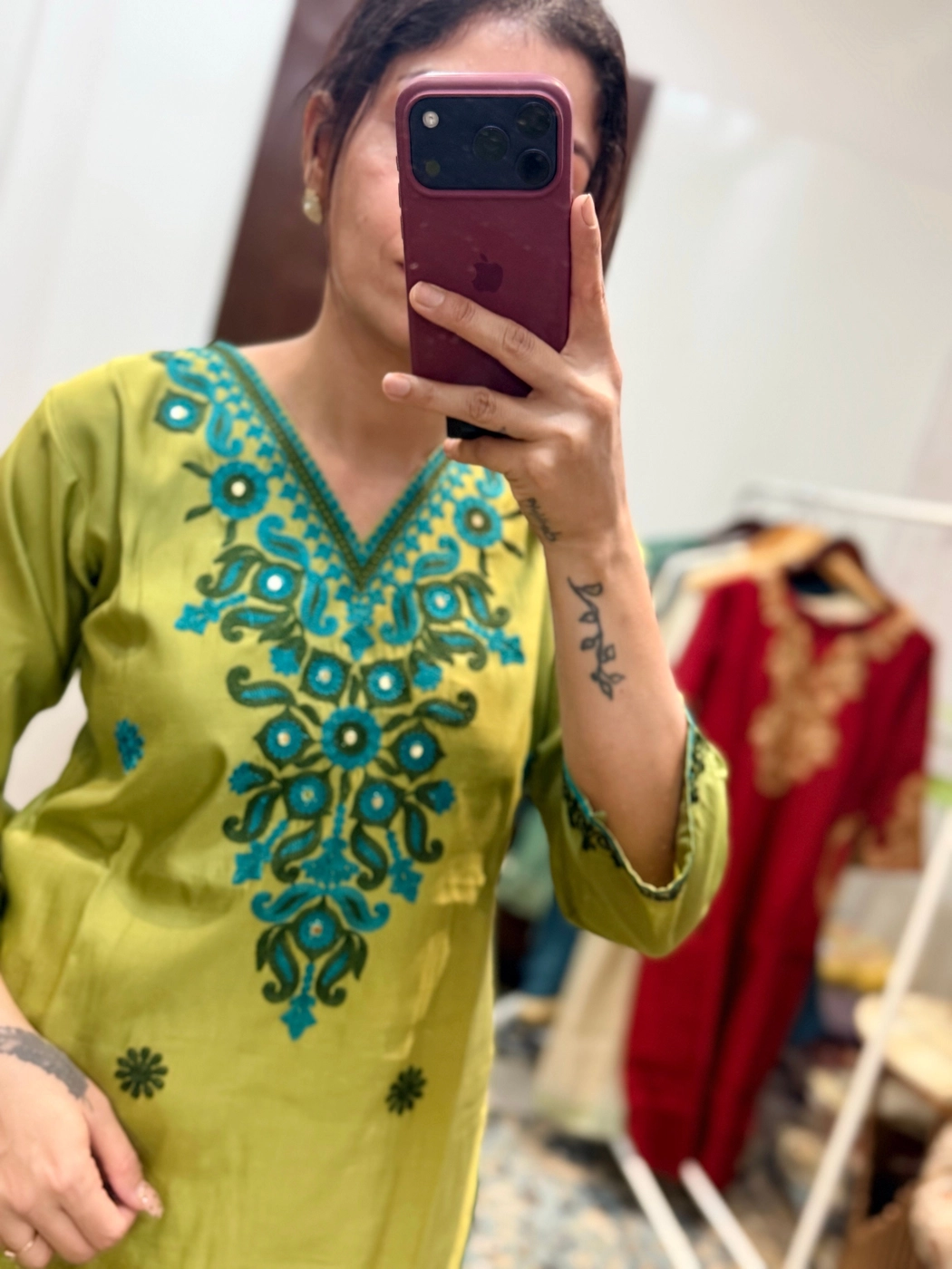 Olive Green Embroidered Cotton Silk Suit Set with Dupatta 2