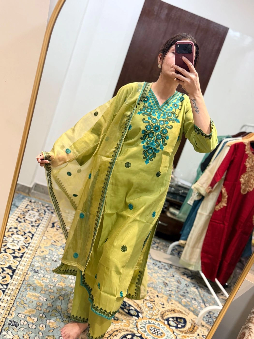 Olive Green Embroidered Cotton Silk Suit Set with Dupatta 3
