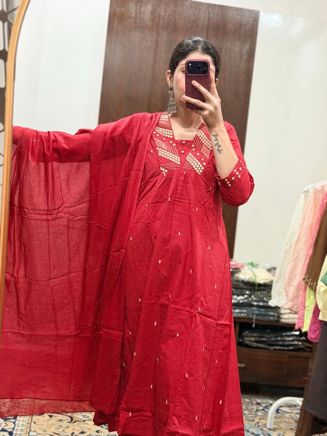 Ruby Red Mirror Work Kurta Set with Dupatta 1