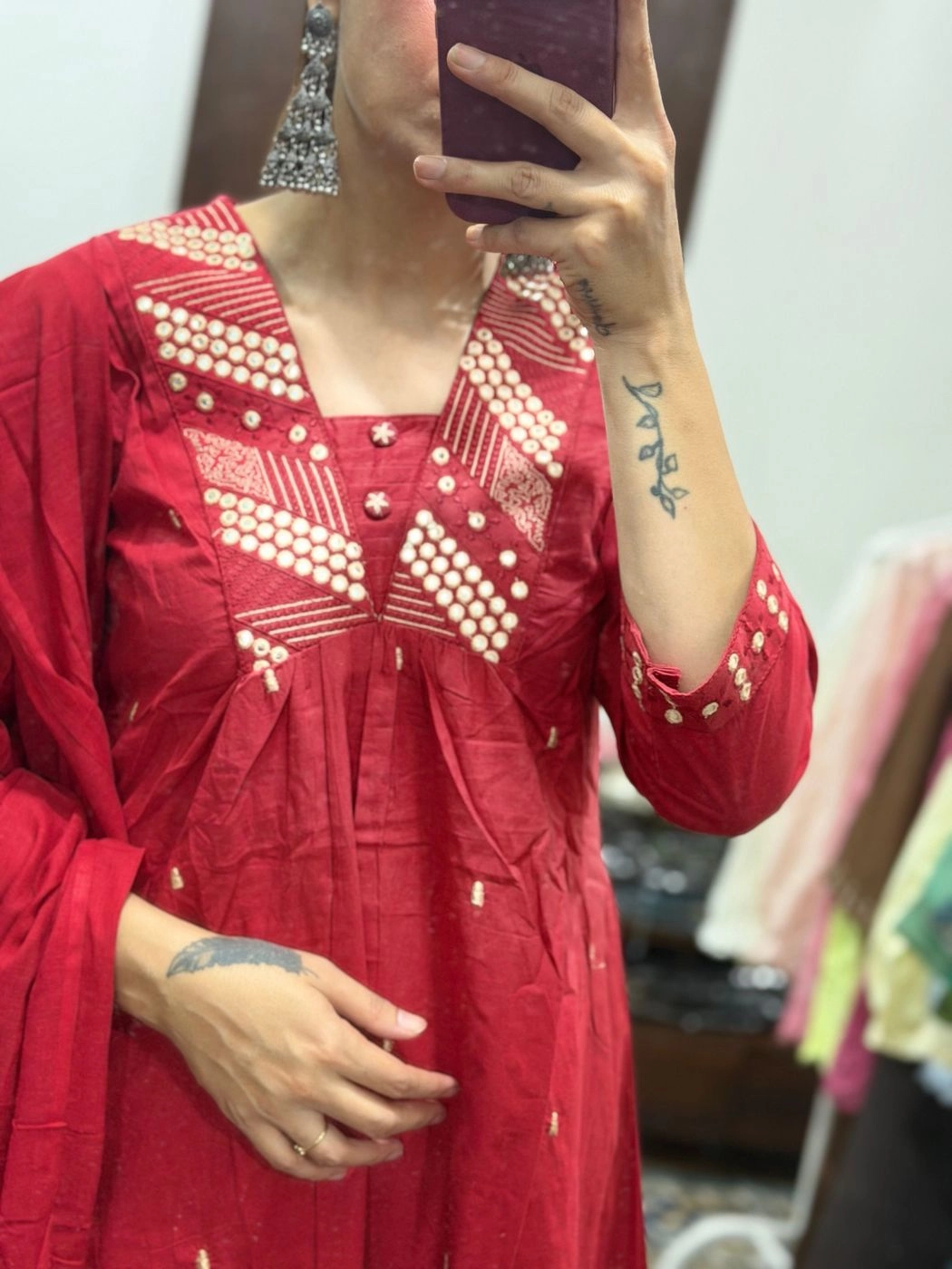 Ruby Red Mirror Work Kurta Set with Dupatta 2