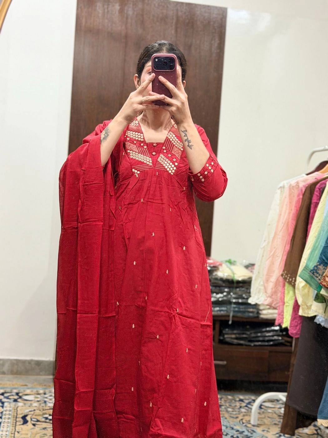 Ruby Red Mirror Work Kurta Set with Dupatta 3