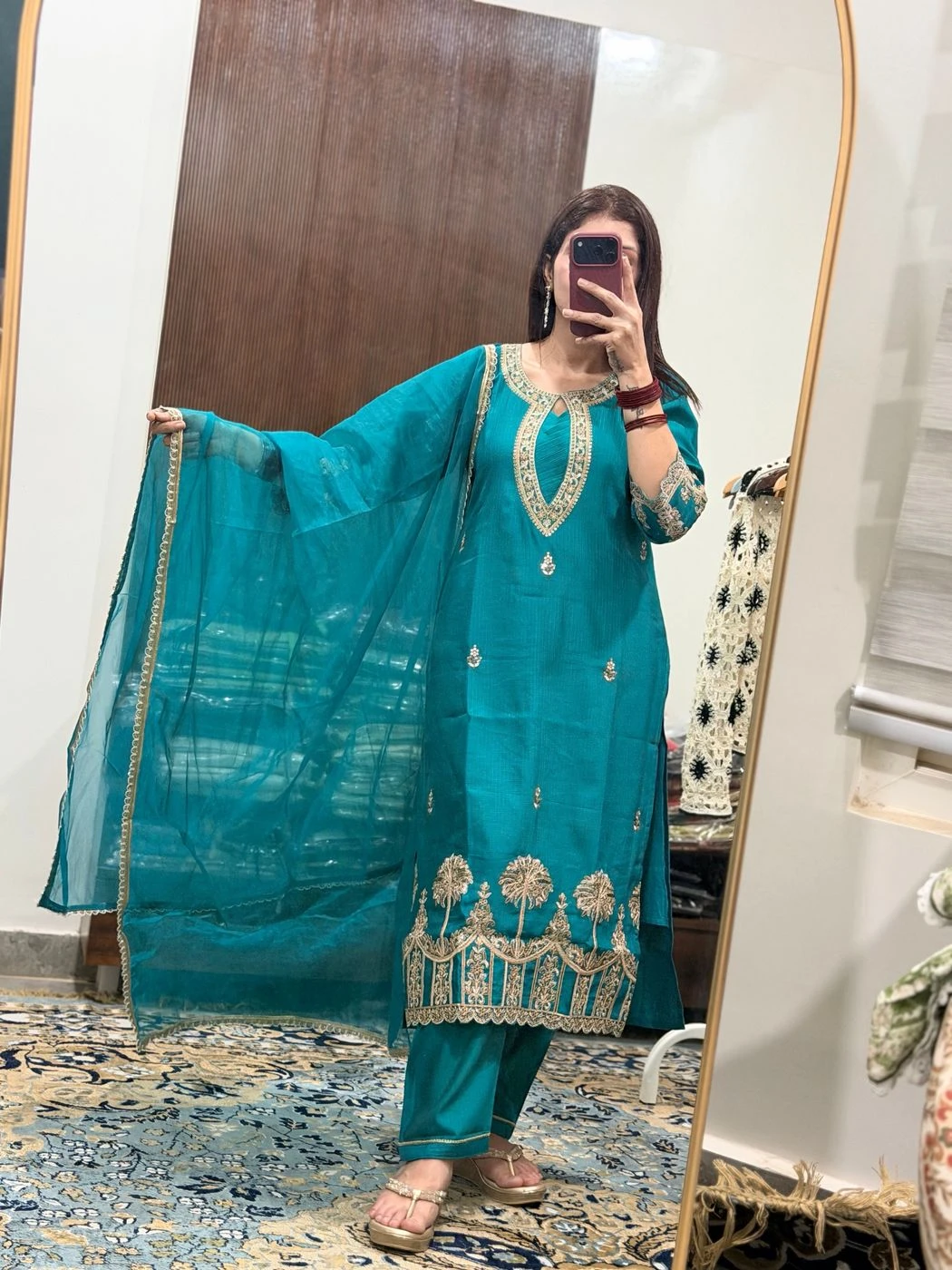 Teal Embroidered Premium Kurta Set Organza Dupatta 1