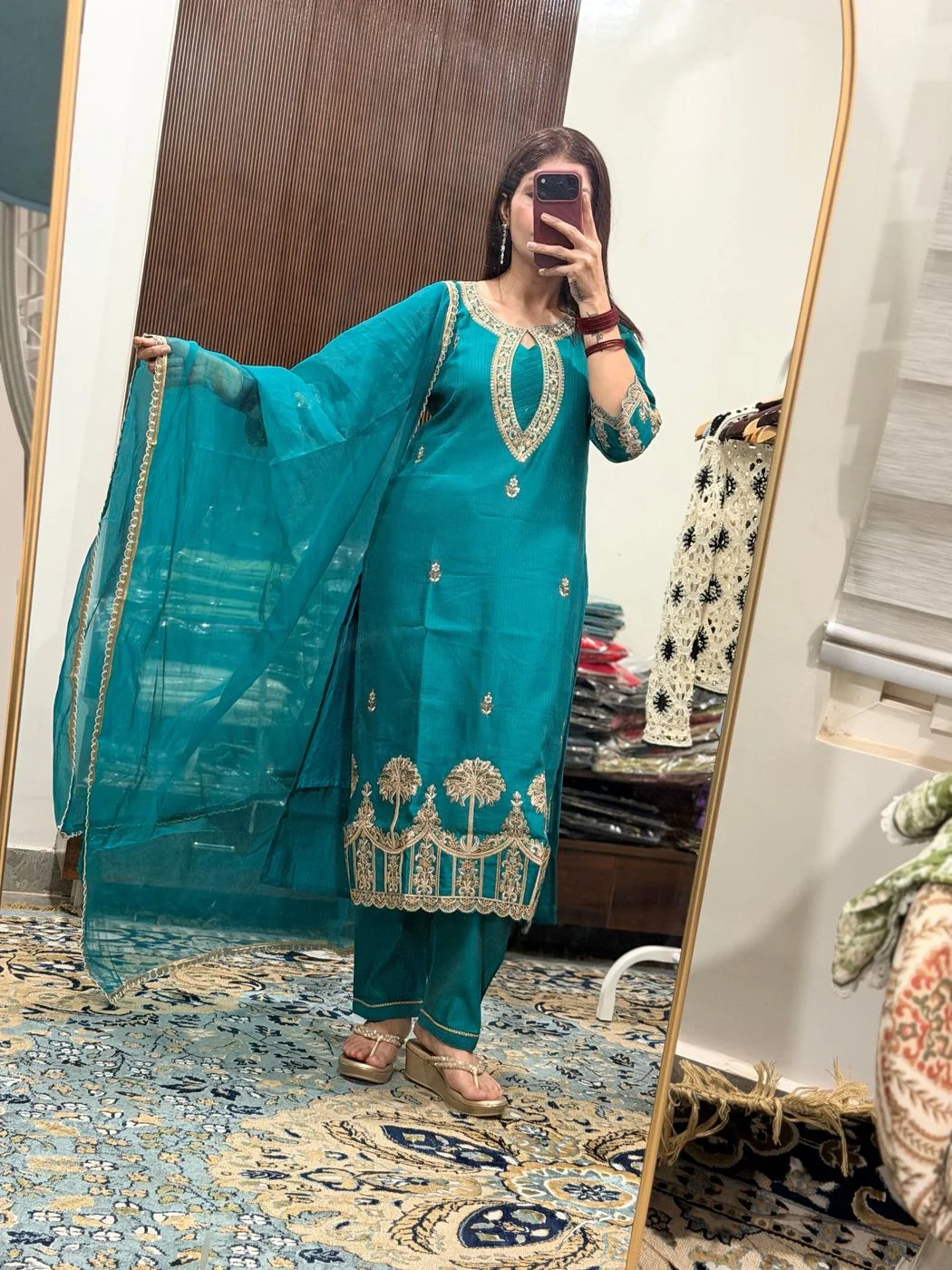 Teal Embroidered Premium Kurta Set Organza Dupatta 2