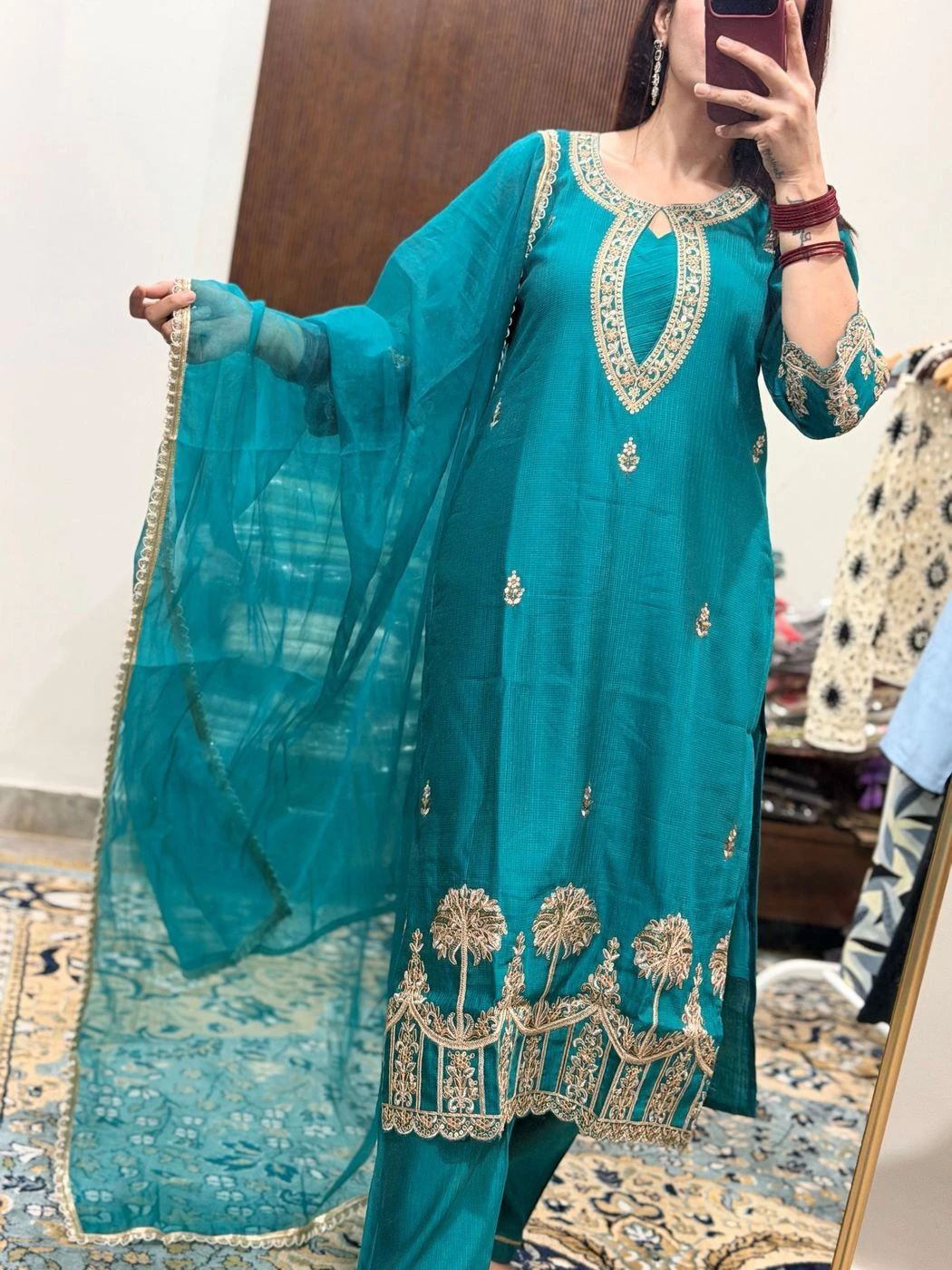 Teal Embroidered Premium Kurta Set Organza Dupatta 4