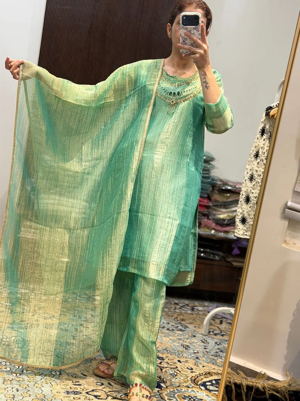 Mint Green Shimmer Kurta Set With Elegant DupattA 1