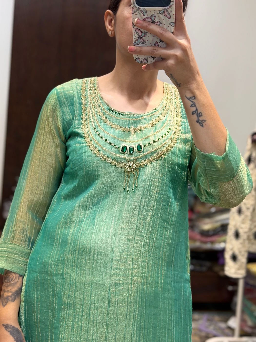 Mint Green Shimmer Kurta Set With Elegant DupattA 2