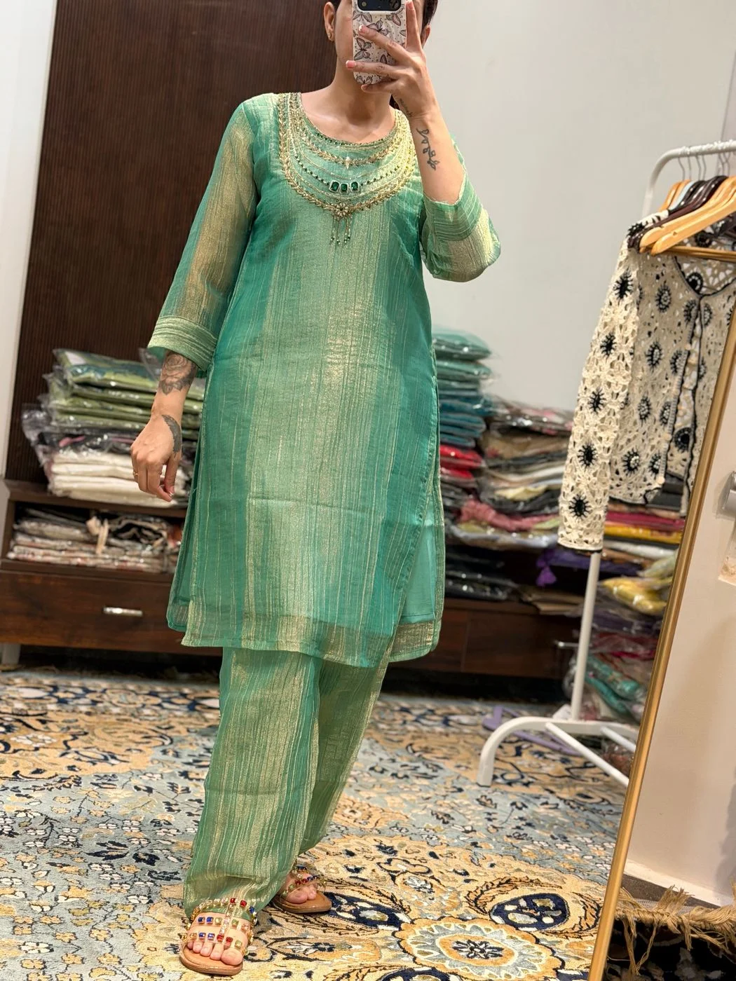 Mint Green Shimmer Kurta Set With Elegant DupattA 3