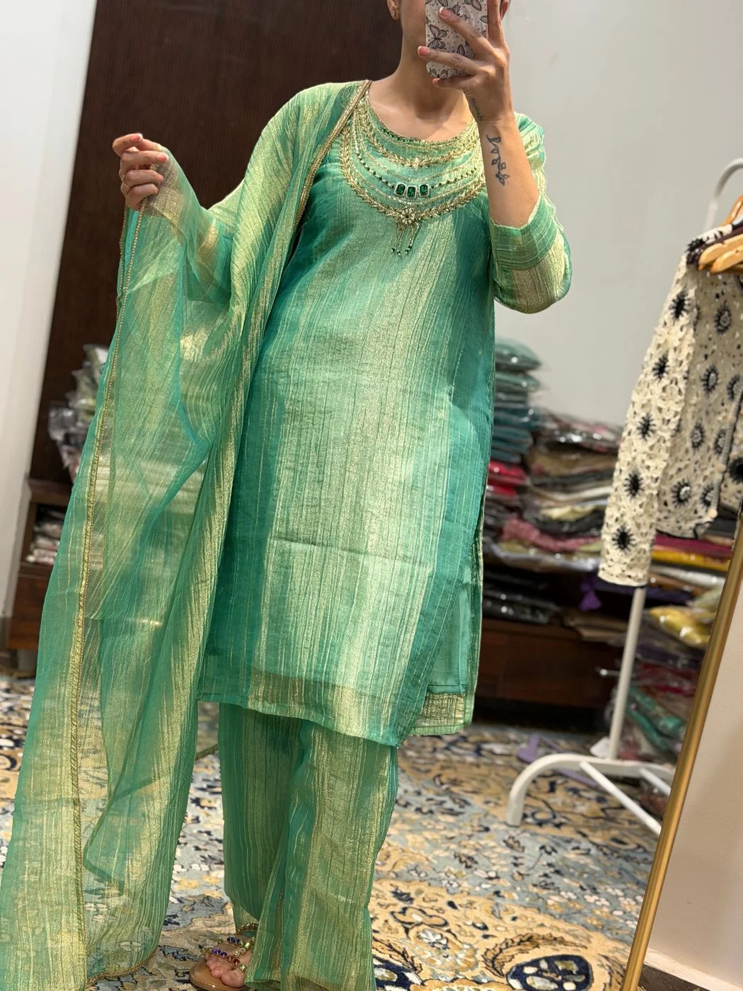 Mint Green Shimmer Kurta Set With Elegant DupattA 4