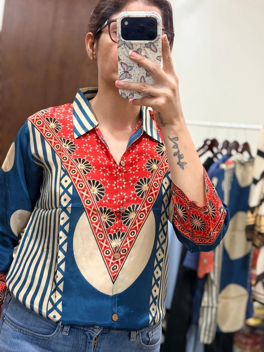 Premium Crepe Digital Print Shirt – Blue & Red 1