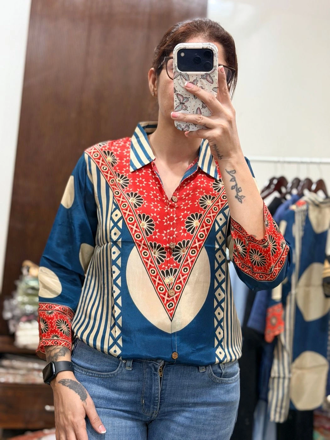 Premium Crepe Digital Print Shirt – Blue & Red 2