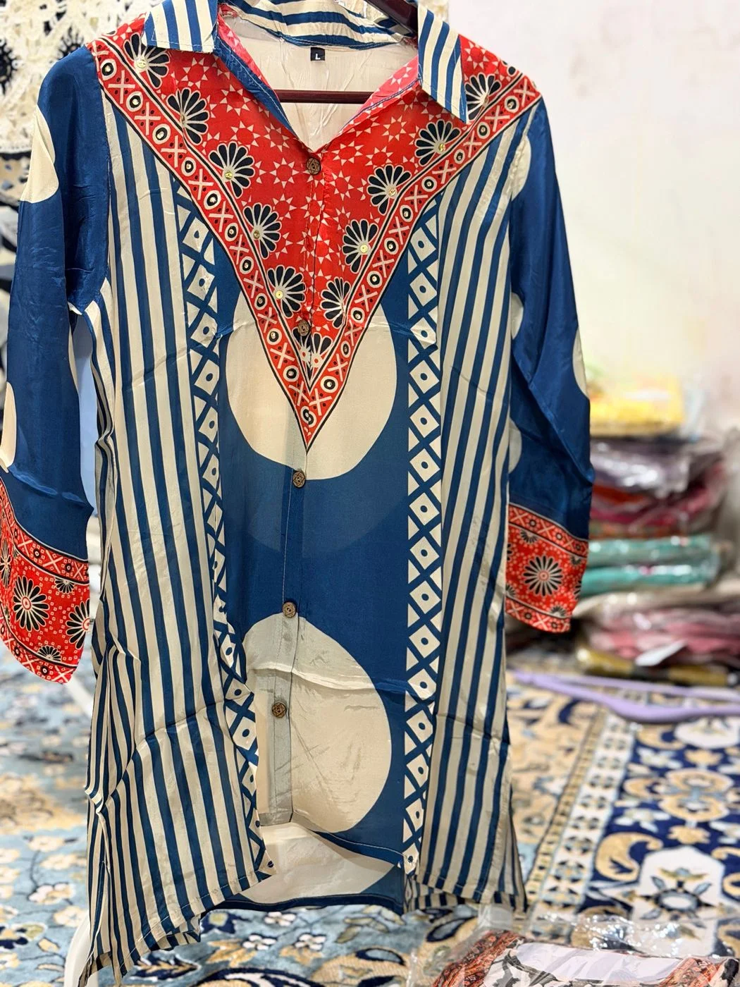 Premium Crepe Digital Print Shirt – Blue & Red 3