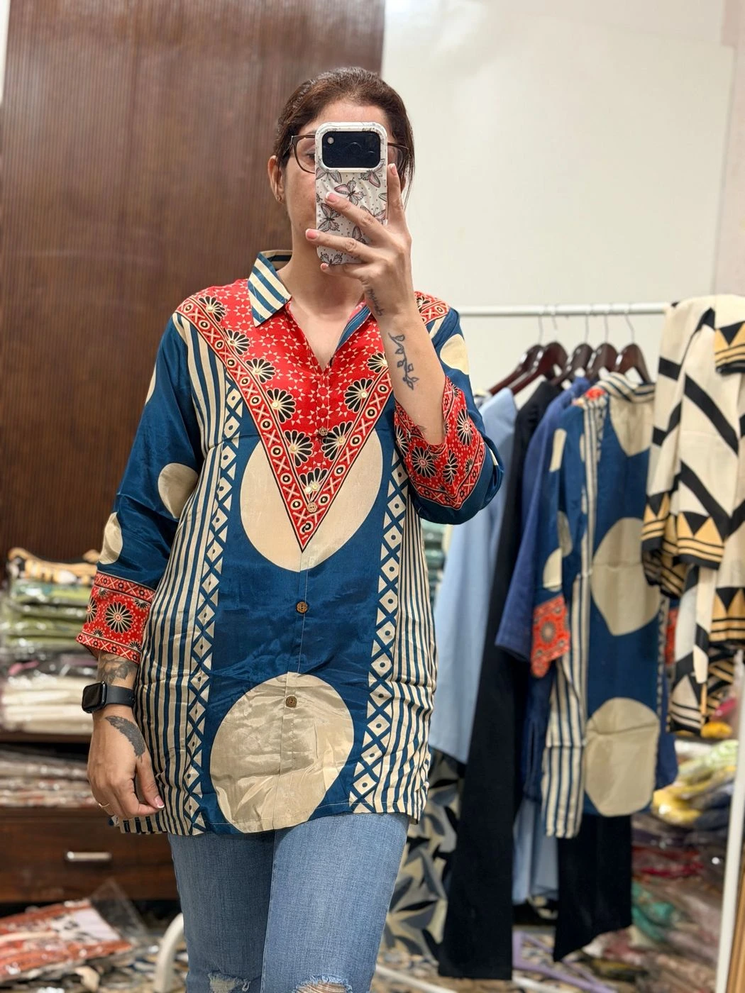 Premium Crepe Digital Print Shirt – Blue & Red 4