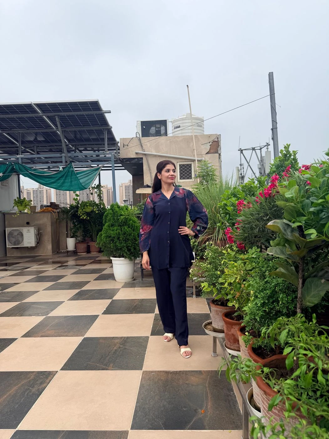 Women’s Premium Crape Co-ord Set with Balloon Sleeves – Navy Blue 2