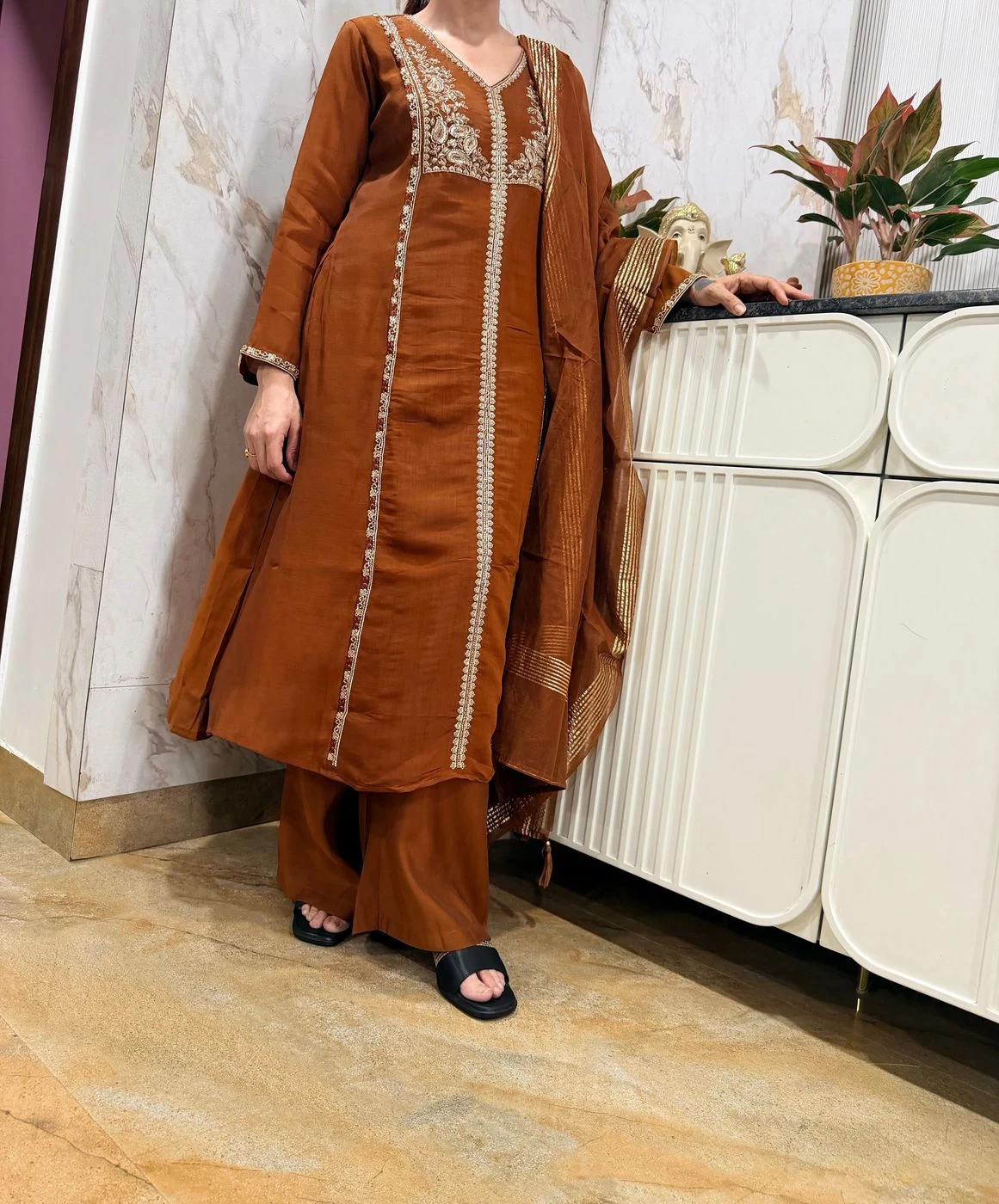 Chocolate brown Embroidered 3 piecs suit set 1