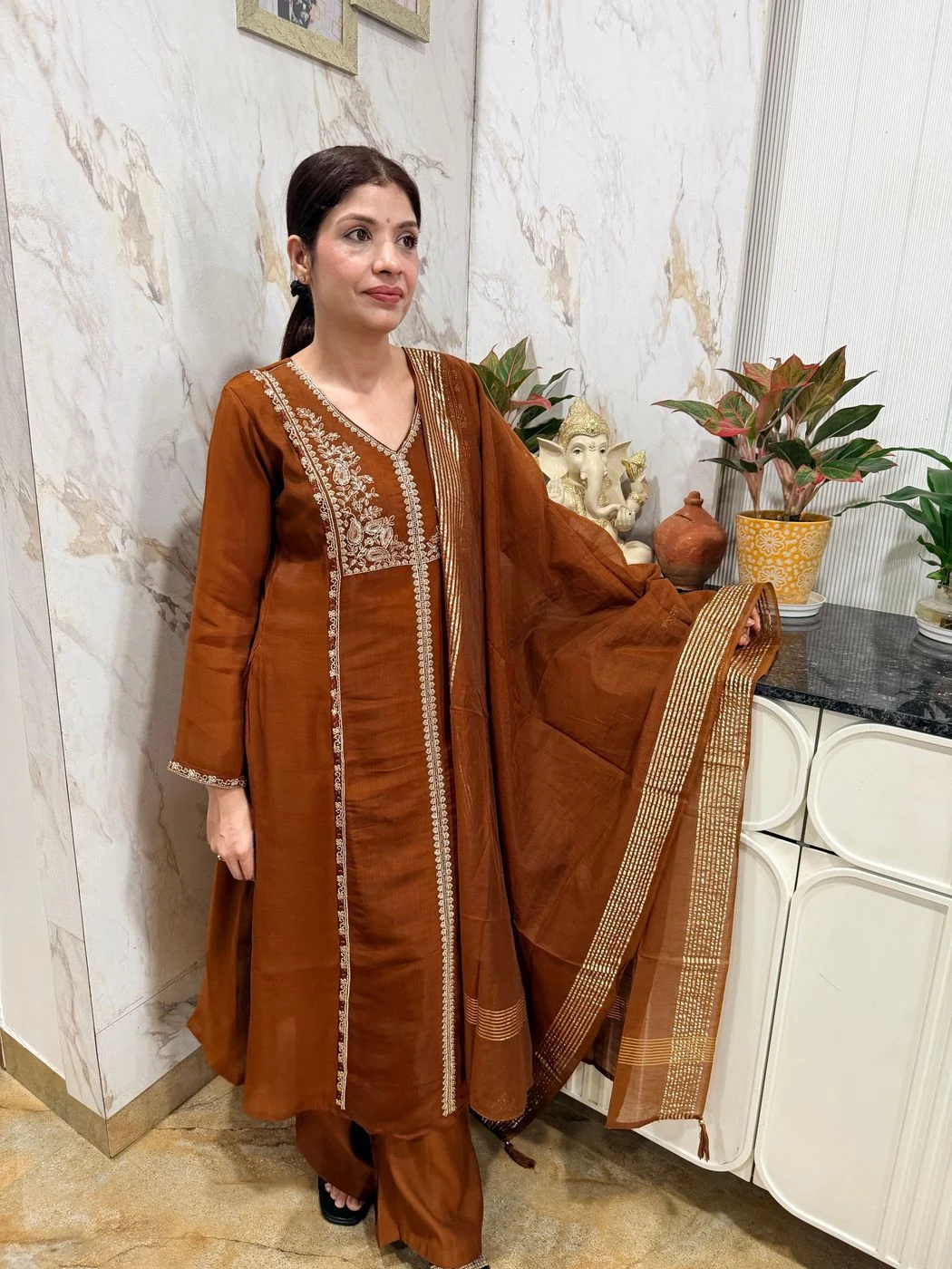 Chocolate brown Embroidered 3 piecs suit set 2