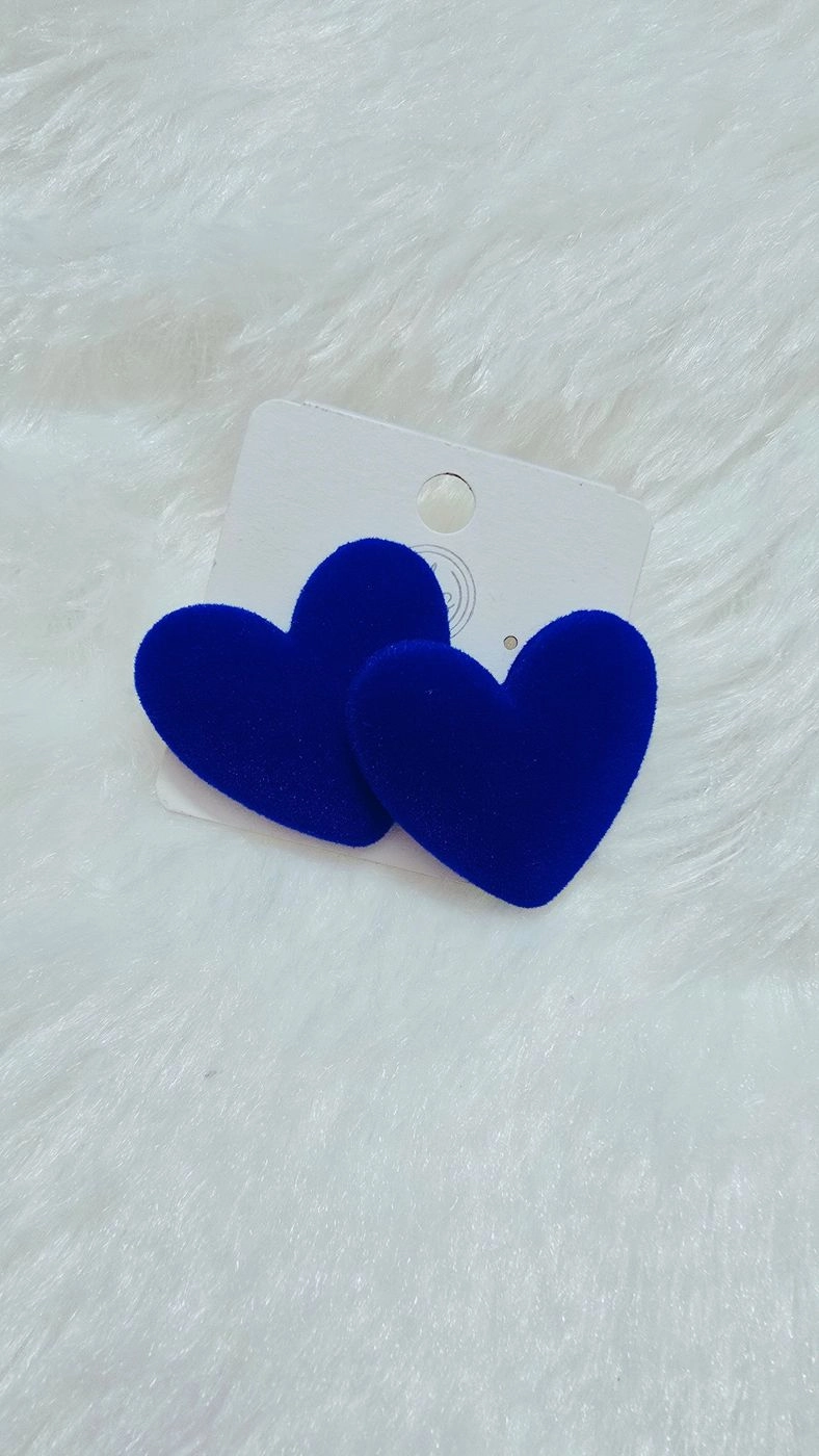 Chunky Blue Velvet Heart Stud Earrings